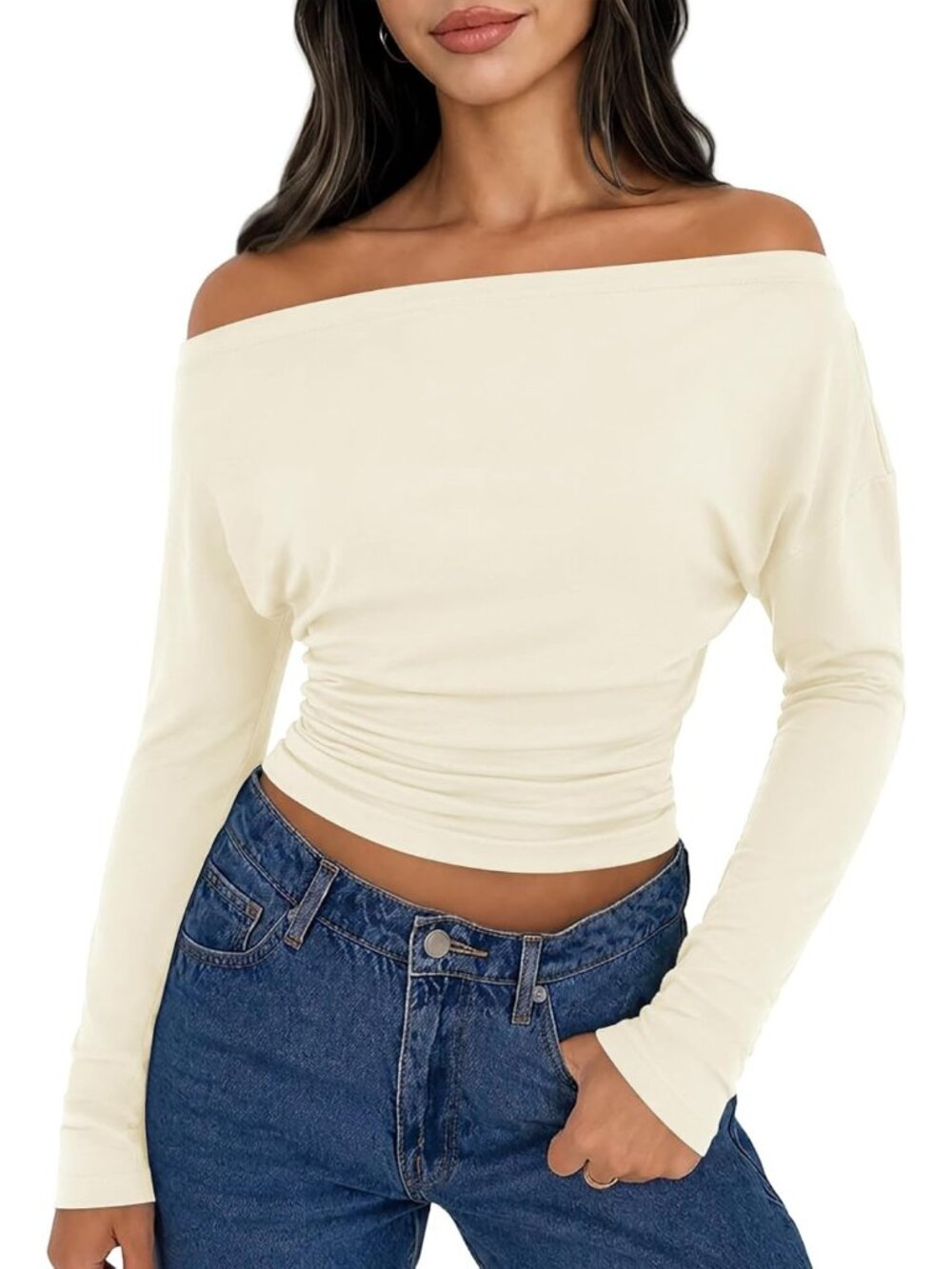 Women's Apricot Off Shoulder Long Sleeve Ruched Cinched Waist Y2K Top Blouse